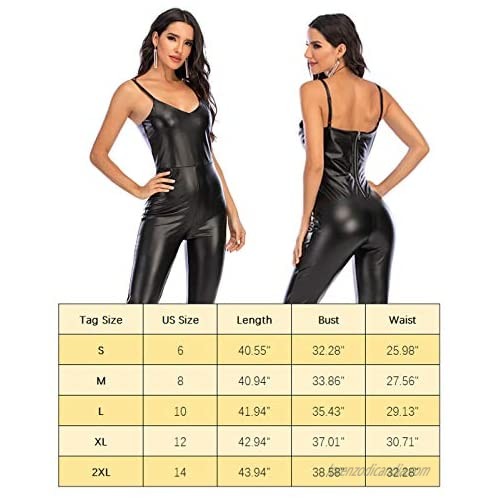 PICK YOUR LOOK Women Spaghetti Strap Bodysuit Sexy Jumpsuit Clubwear Faux Leather Rompers Back Zipper Bodycon