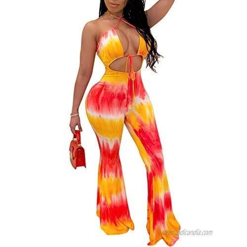 Remelon Womens Spaghetti Strap Halter Tie Dye Print Cut Out Bodycon Bell Flare Pants Club Party One Piece Jumpsuits Rompers