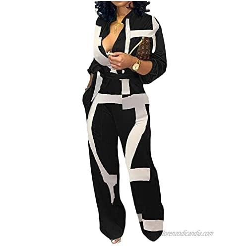SeNight Jumpsuits for Women Elegant Long Sleeve Sexy V Neck Casual Long Wide Leg Pants with Pockets Belt