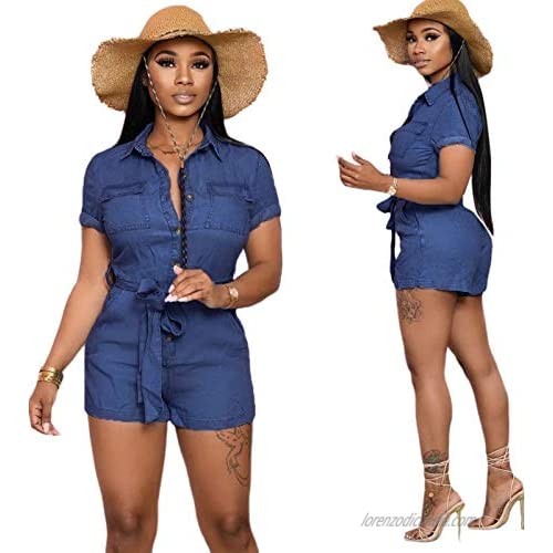 shengfan Womens Short Denim Jumpsuit Sexy High Waist Short Sleeve Rompers Button Bodycon Shorts Outfits with Pocket