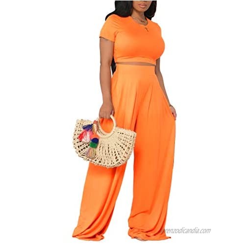 Two Piece Outfits for Women Sexy Crop Top and Wide Leg Long Pants Casual Jumpsuit Sets Beach Vacation Outfits