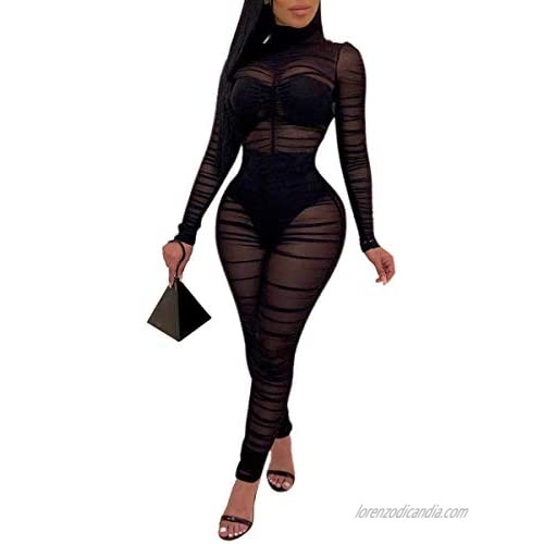 Uni Clau Women One Piece Outfits Mesh Sheer Bodycon Jumpsuit Long Sleeve See Through Party Jumpsuits