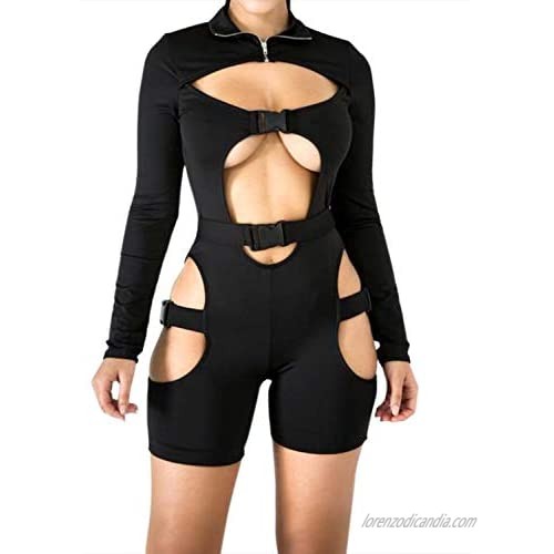 VWIWV Women's Bodycon Buckle High Neck Jumpsuit Long Sleeves Sexy Hollowing Out Romper