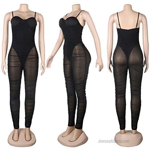 Women Sexy Adjustable Strap Sheer Ruched Mesh See Through Padding Bandage Jumpsuit Romper Outfit Club Party Nightout