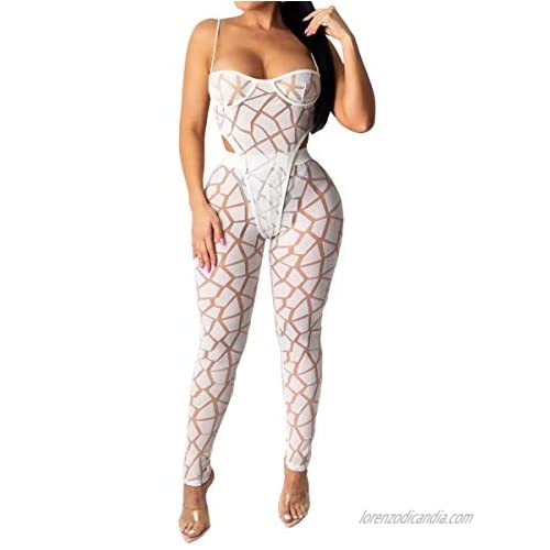 Women Sexy See Through Two Piece Jumpsuits Halter Camisole Bodysuit Sheer Mesh Skinny Pants Club Long Romper