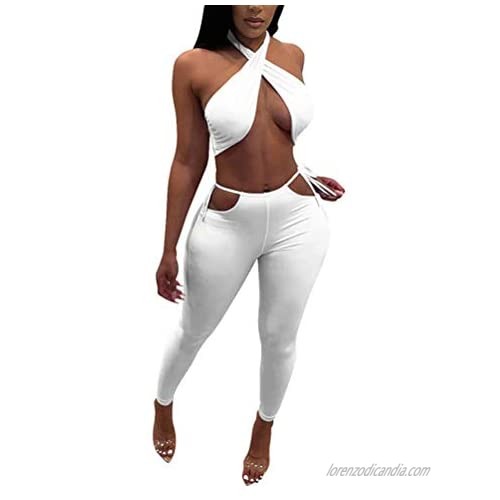 Women Sexy Wrap Halter Cross Top sTie Knot Crop Camisole Bodycon Strap Pants Jumpsuits Two Piece Outfit Sets Club Beach