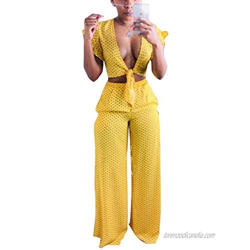 Women's Sexy 2 Piece Outfits - Fashion Dot Printed Falbala Tie Deep V Neck 2 Crop Tops + Wide Leg Pants Sets