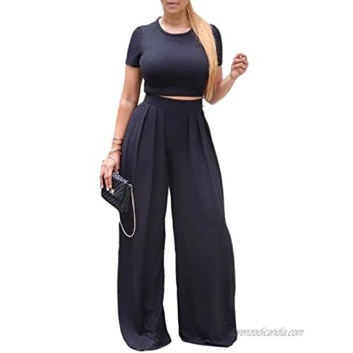Women's Sexy 2 Pieces Outfits Short Sleeve Round Neck Crop Top Loose Long Pants Sets