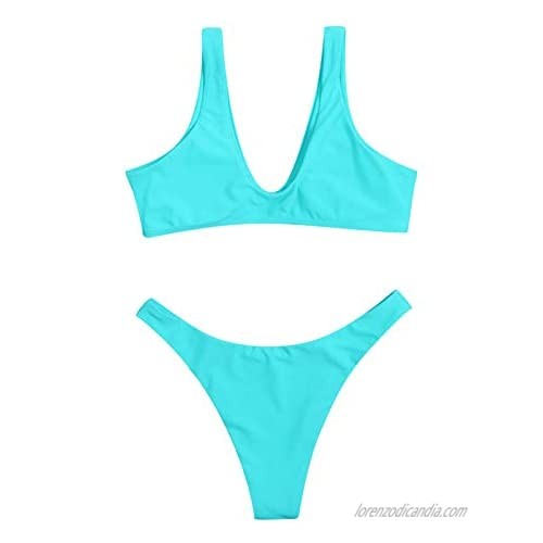 2021 Women Halter Fashion Sexy Swimwear 2 Pieces Swimsuit Bikini Set V-Neck Strap Solid Color Swimsuit