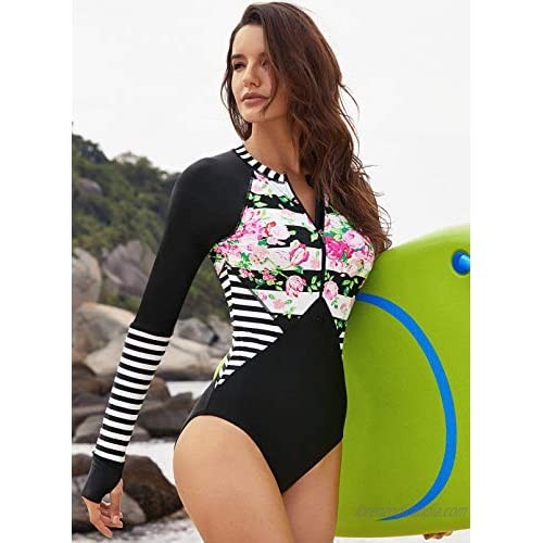 AlvaQ Womens Rashguard Long Sleeve Zip Front Floral Patchwork Surfing One Piece Swimsuit Bathing Suit Swimwear