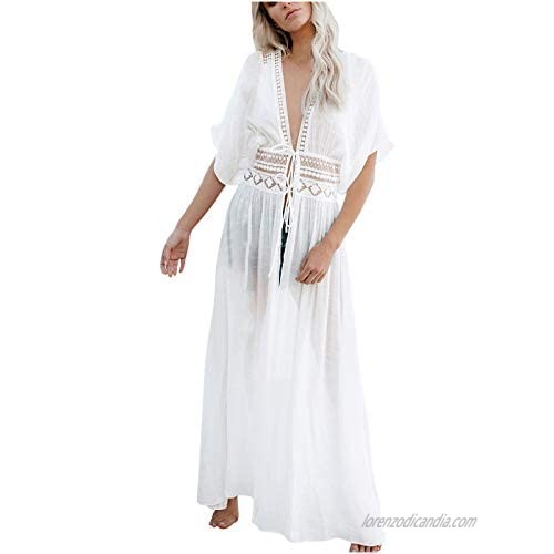Fxbar Women Tops Solid Color White Printed Cardigan Long Swimsuit Beach Coverall