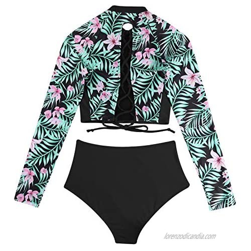 Haitryli Women Floral Print 2Piece Swimsuits Long Sleeve Rash Guard Crop Top with Swim Bottom Beachwear