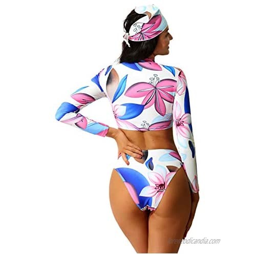 Haitryli Womens 3 Pieces Floral Pattern Swimsuit Rash Guard Long Sleeve Crop Top High Waist Bikini Scarf Beachwear