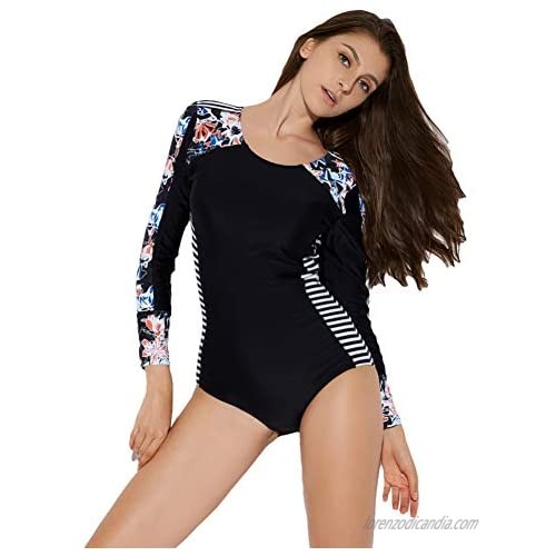 Long Sleeve One Piece Swimsuit Floral Print Zipper Sun Protection Swimsuit Rash Guards Breathable Bathing Suit Swimwear