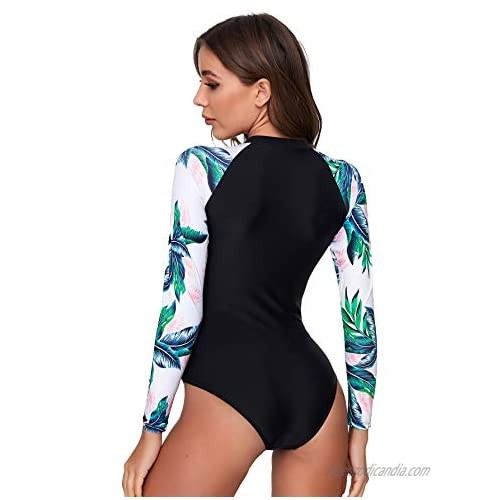 Milumia Women Boho Tropical Print Long Sleeve Swimsuit Zip Front Diving Wetsuit Swimwear