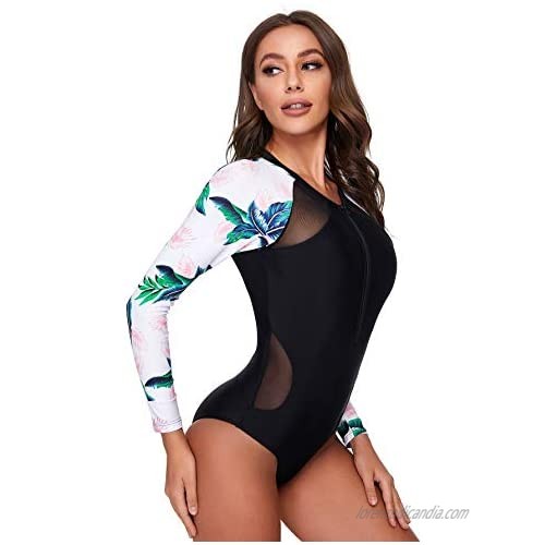 Milumia Women Boho Tropical Print Long Sleeve Swimsuit Zip Front Diving Wetsuit Swimwear
