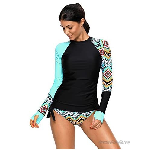 MMMJY Women's Long Sleeve Rashguard Tankini Swimsuit Color Block Print Surfing Bathing Suit Athletic Swim Shirts Swimwear