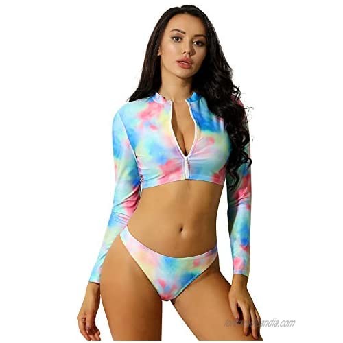 moily Women Long Sleeve Rushguard Swimsuit Floral Print Shirt+Brief+Headgear 3 Pcs Bathing Suit