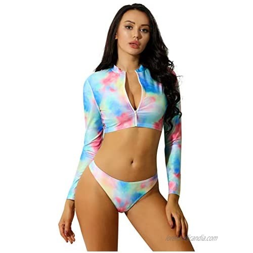 MSemis Women Two Pieces Rash Guard Swimsuit Long Sleeve Top with Bikini Briefs Bathing Suits