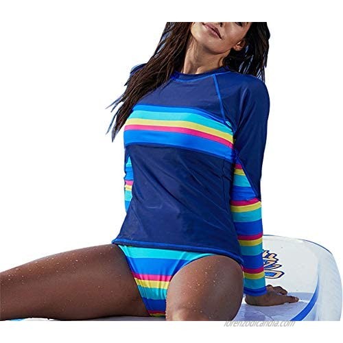 Newrara Women's Rash Guard Long Sleeve Swimsuits Colorblock Stripe Swim Shirt Padded Surfing Athletic Swimwear