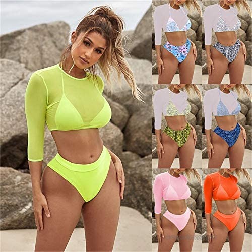 SHINFY Women's Long Sleeve Floral Print Crop Top Bikini Bottom Swimsuits 3 Piece Outfits with Headband
