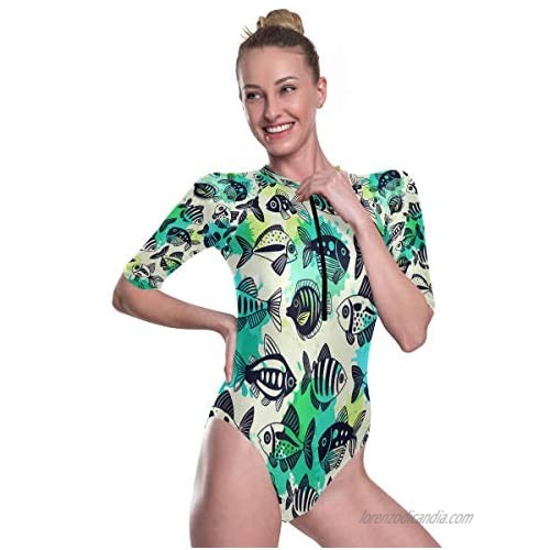 SLHFPX Womens Zip Up Printed Short Sleeve 1 Piece Rash Guard Swimsuit Cartoon Funny Fish Animal Swimwear