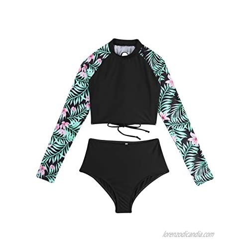 TiaoBug Women's Print Tankini Set Back Lace Up Shurg Tops Swim Bottoms Rash Guard Beach Swimsuit