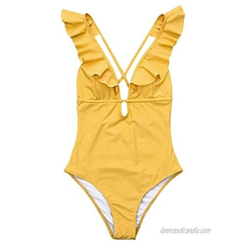 Ulanda Women's Ruffle One Piece Swimsuit Strappy Deep V Neck Plunge Solid Monokini Swimsuit Beachwear Bathing Suits