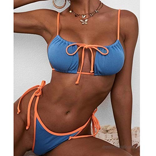 Women's Cami Ribbed Tie Back Ruffle Cutout Bandeau Bikini Set Solid Color Two Piece Strappy Swimsuit