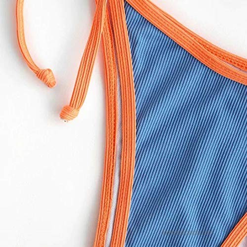 Women's Cami Ribbed Tie Back Ruffle Cutout Bandeau Bikini Set Solid Color Two Piece Strappy Swimsuit