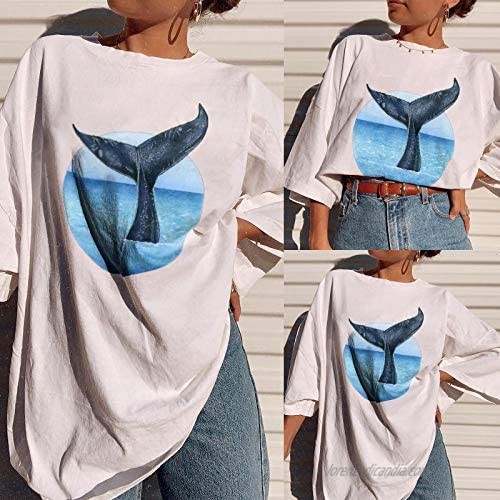 Womens Graphic Tees Oversize Round Neck Short Sleeve Blue Whale Tail Print T Shirt Casual Tops Teen Girls Loose Blouse S-XXL