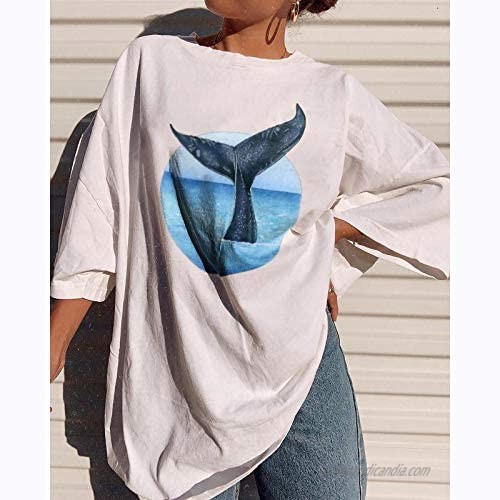Womens Graphic Tees Oversize Round Neck Short Sleeve Blue Whale Tail Print T Shirt Casual Tops Teen Girls Loose Blouse S-XXL