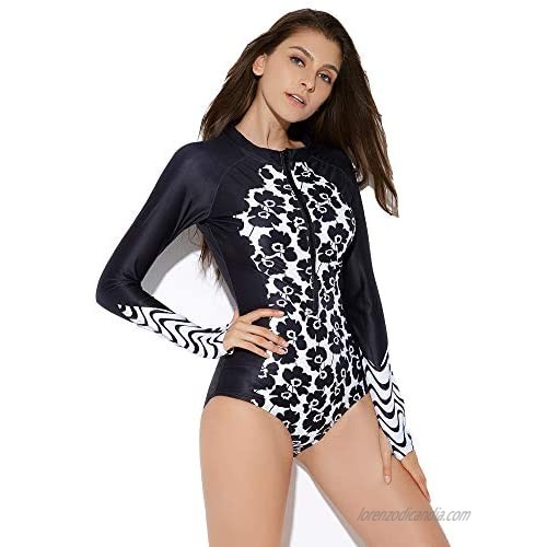 Womens Long Sleeve Rash Guard UPF 50+ Sun Protection Printed Zipper Surfing One Piece Swimsuit Bathing Suit