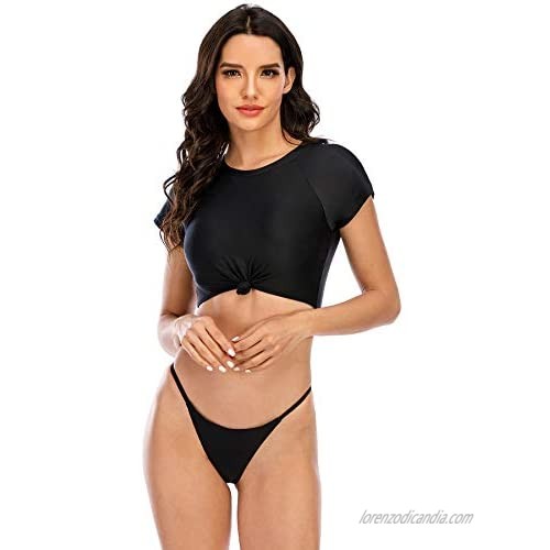Women's Short Sleeve Top Bikini Set Sport Swimsuit High Cut String Thong Bottom