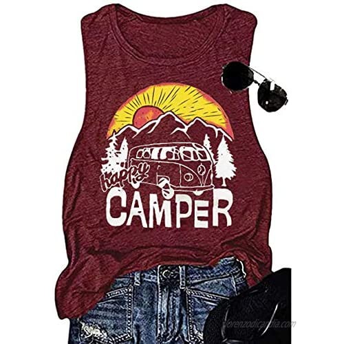 Amiawen Women's Happy Camper Vest Adventure Camping Sleeveless Tops Hiking Vacation Tank Tops Mountain Graphic Tees