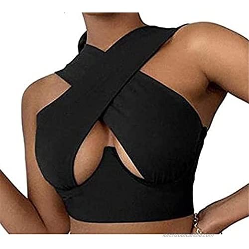Criss Cross Crop Tank Tops for Women Cut Out Vest Solid Color Sexy Halter Wrap Cami Top