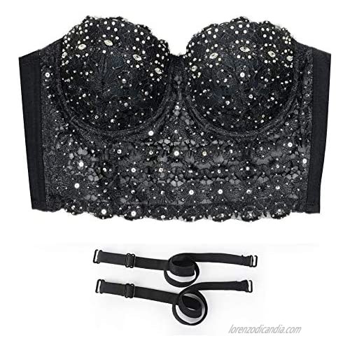 ELLACCI Women's Natural Reigning Lace Rhinestone Bustier Crop Top Sexy Mesh Corset Top Bra Small Black