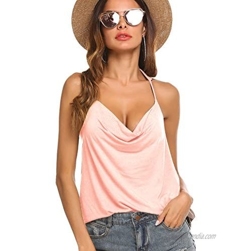 FineFolk Women's V-Neck Spaghetti Basic Tie Striped Camisoles and Sexy Lace Backless Tank top