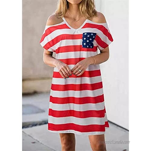 FLOYU 4th of July Short Dress Women Stripe America Flag Graphic Cami Tops Casual Off Shoulder Sling Shirts Top