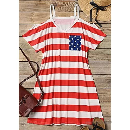 FLOYU 4th of July Short Dress Women Stripe America Flag Graphic Cami Tops Casual Off Shoulder Sling Shirts Top