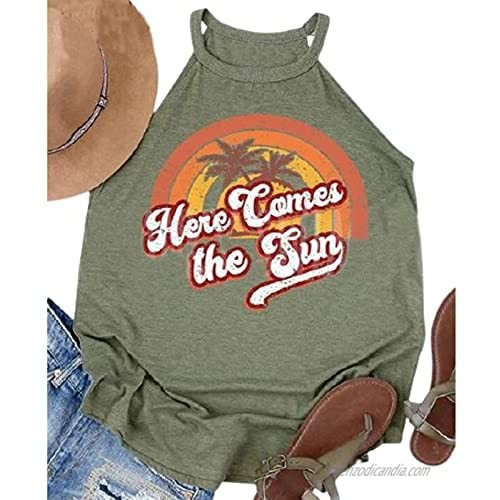 Here Comes The Sun Tank Tops Women Cute Sunshine Graphic Shirt Sleeveless Letter Print Tee T Shirt