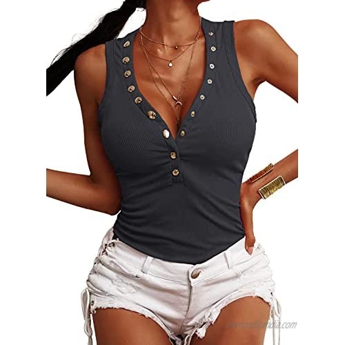 Jauoop Womens V Neck Tank Tops Summer Ribbed Sleeveless Henley Shirts Low Cut Button Down Cami Knit Tees