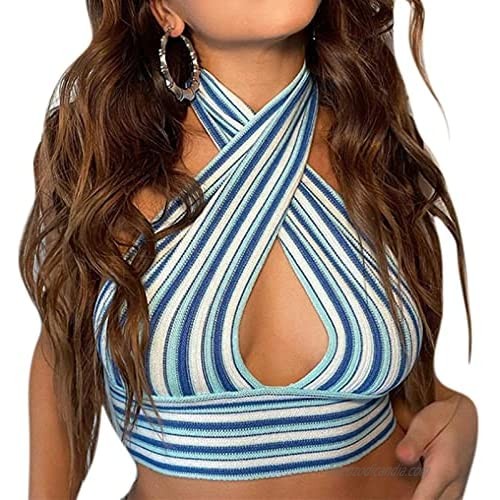 JUMISEE Women Sexy Criss Cross Halter Knit Striped Crop Top Tank Tops Sleeveless Tie Back Backless Camisole