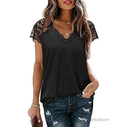 LAISHEN Women's V Neck Lace Trim Tank Tops Casual Loose Summer Sleeveless Blouse Shirts