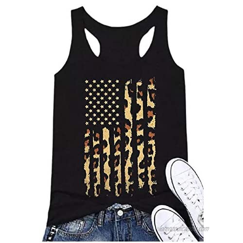 Leopard American Flag Tank Tops Women USA Stars Stripe Graphic Tees 4th of July Patriotic Sleeveless T Shirt Vest