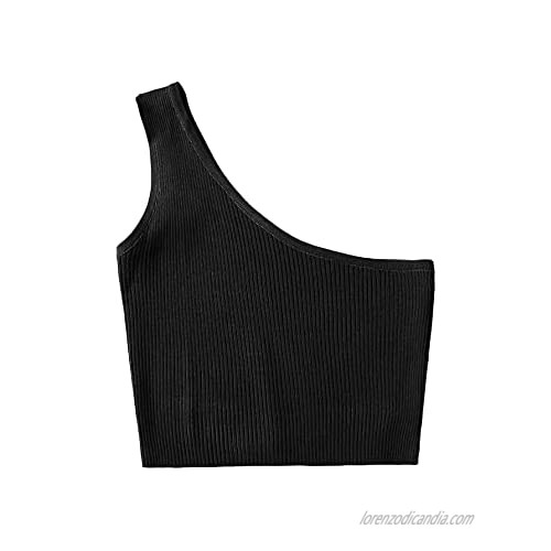 Milumia Women One Shoulder Ribbed Knit Crop Tank Top Asymmetrical Neck Sleeveless Top