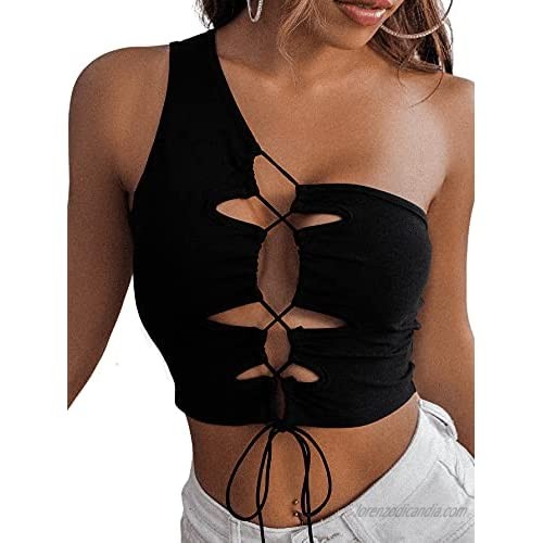 SheIn Women's Lace Up Tie Front One Shoulder Tank Top Sleeveless Solid Crop Tops