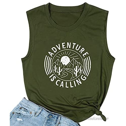 Women Graphic Tees Summer Tank Tops Adventure is Calling Letters Print T Shirt Funny Saying Sleeveless Casual Vest Tee