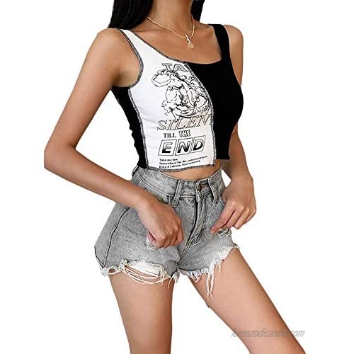 Women’s Color Block Patchwork Crop Top Sleeveless See Through Cami Irregular Hem Tank Vest