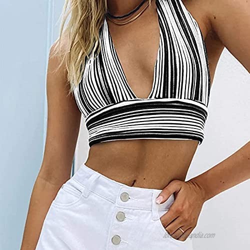 Women's Sexy Halter Camisole Lace Up Sling Sleeveless Deep V Neck Crop Top Bandage Wrap Y2k Tie Back Basic Streetwear